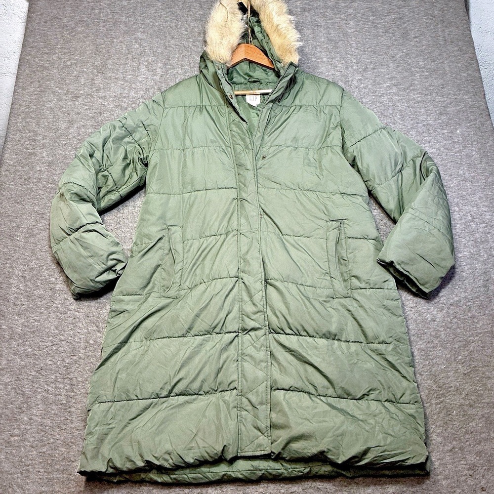 GAP Puffer Parka Jacket Womens‎ Large Olive Green Faux Fur Hood RN54023